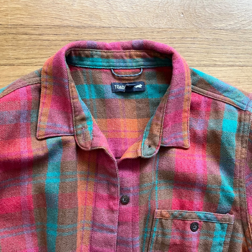 Toad & Co Plaid Flannel Shirt Pink Green Button Up Medium - Picture 3 of 4